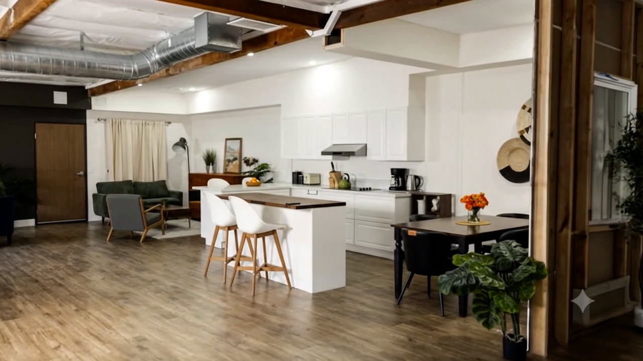 Wide view of The Loft, kitchen and living area